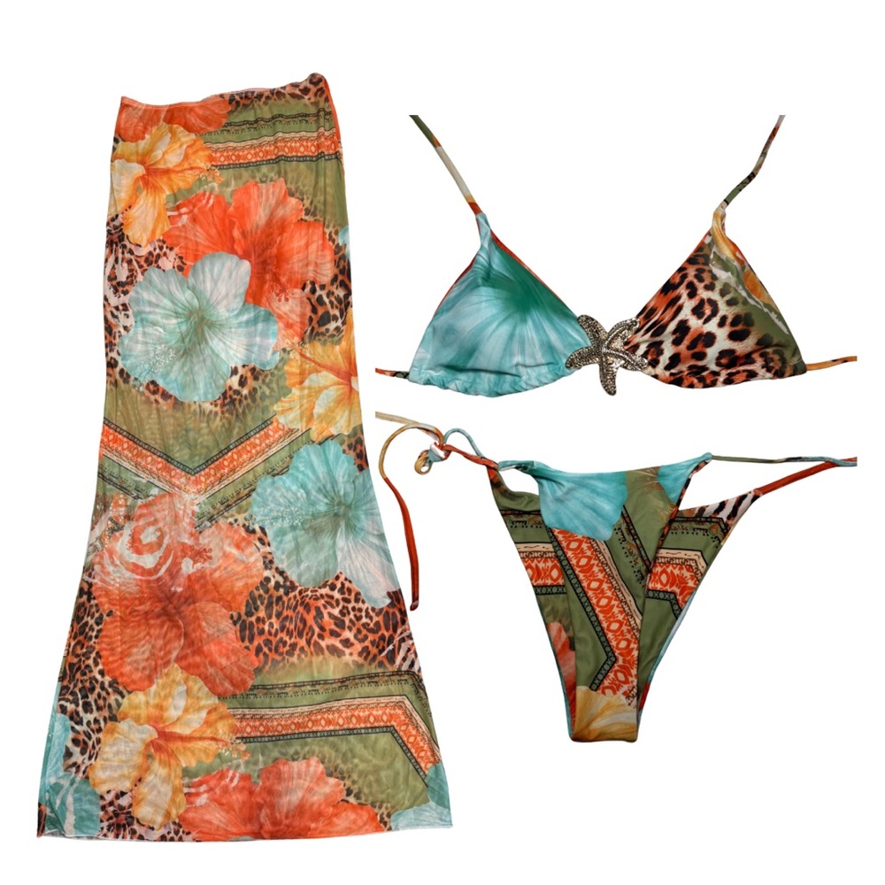 SHEIN Multicolor Floral & Leopard Print Triangle Bikini with Sarong